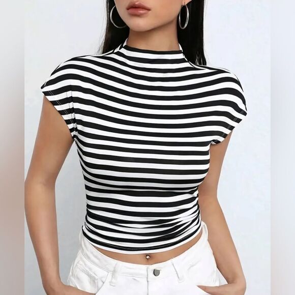 NWOT. Striped Print Mock Neck T-Shirt, Casual Cap Sleeve Top. - Picture 1 of 5